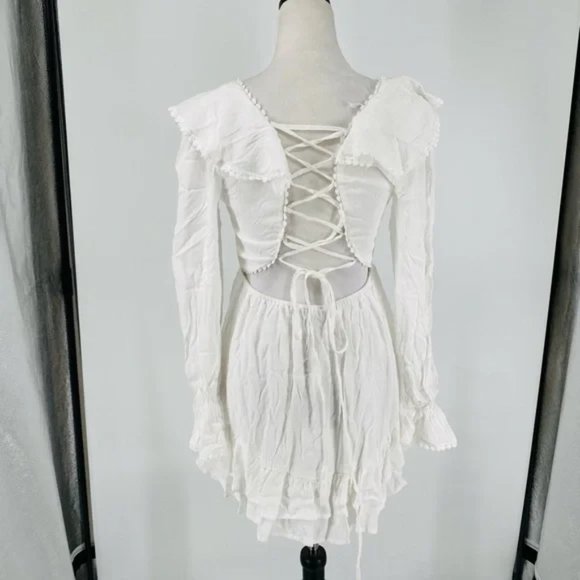 White Long Sleeve V-Neck Open Back Ruffle Hem Mini Dress - Picture 13 of 17